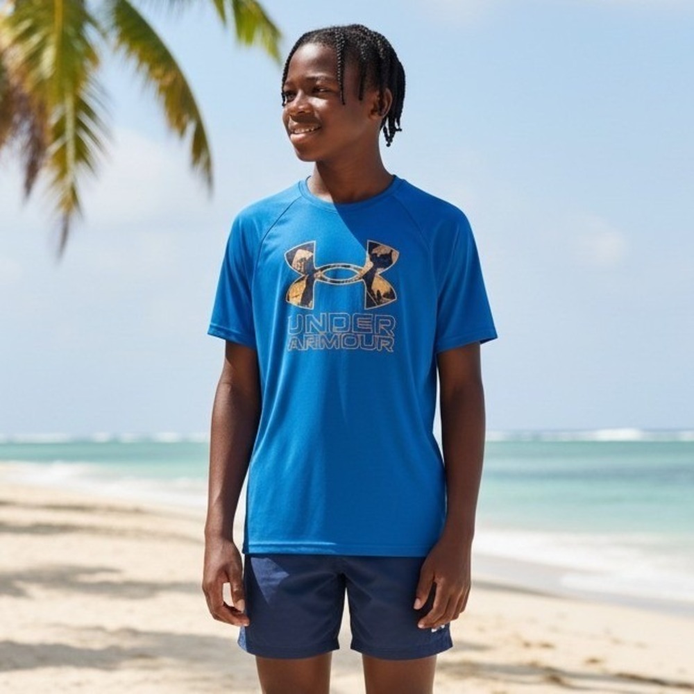 Under Armour Boys Blue Tech Hybrid Print Fill SS T-Shirt Logo YL 1363281 406